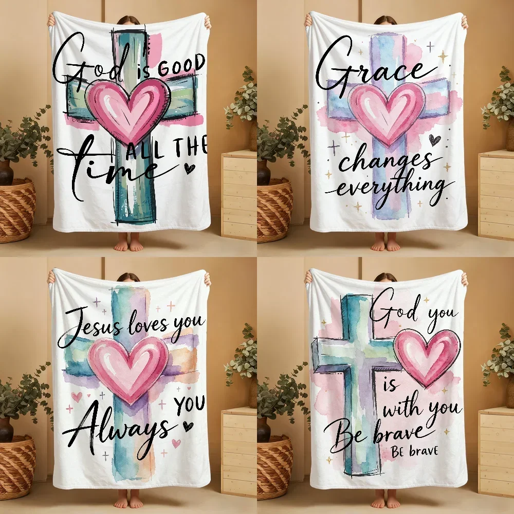 Watercolor Cross Words Of Faith Blanket Soft Printed Flannel Warm Cozy Nap Bed Sofa Travel Camping Season Gift Adults Kids