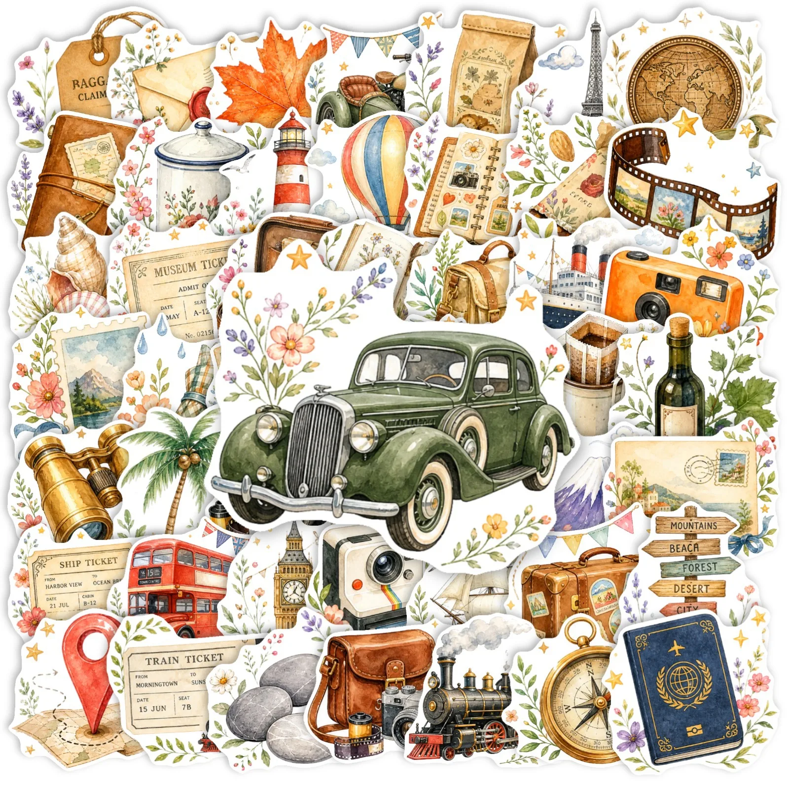 50 PCS Retro Travel Element Stickers Watercolor Lighthouse Camera Global Travel Handmade Collage Material Waterproof Decals