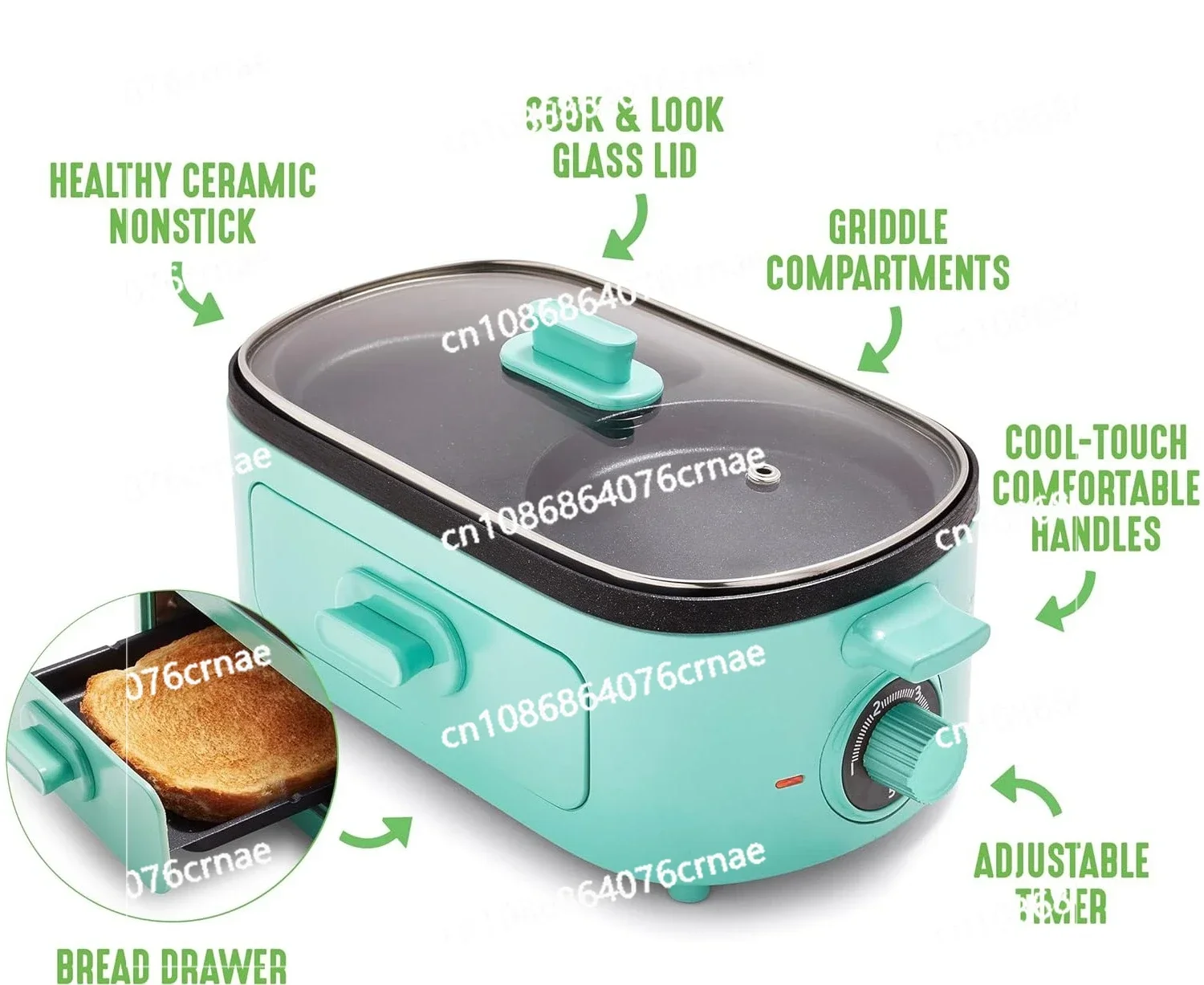 3-in-1 Breakfast Maker Station, Ceramic Nonstick Dual Griddles & Breakfast Sandwiches, 2 Slice Toast Drawer, Turquoise curtain