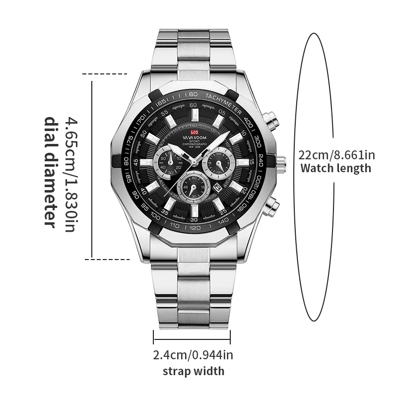 VA VOOM Brand Men\'s Watch Black Stainless Steel Business Style 46.5mm Large Dial Original Quartz Movement Men Watch Reloj Hombre