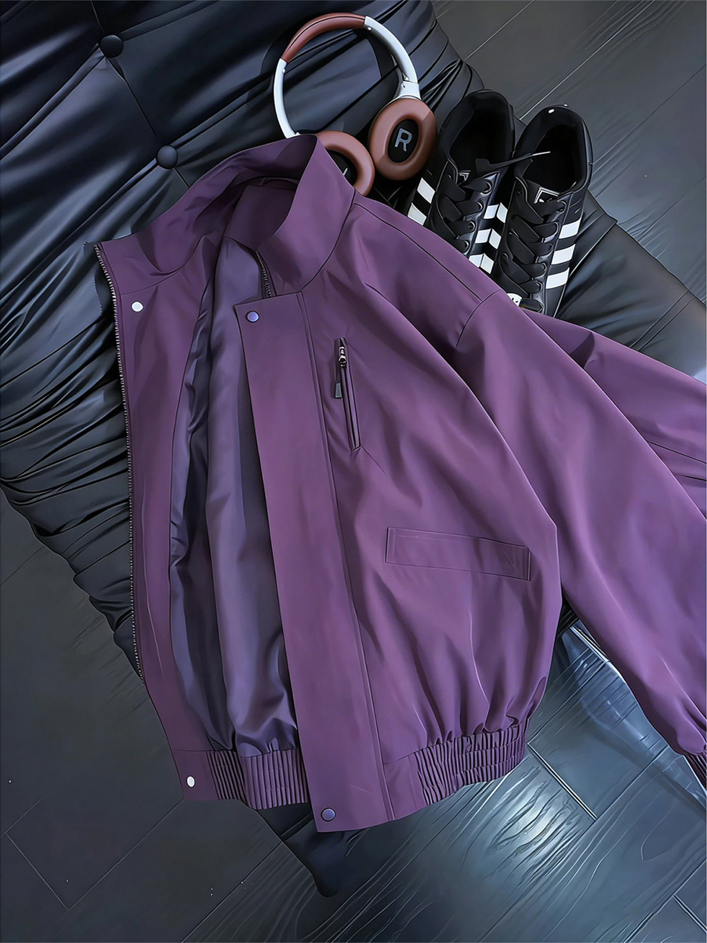 Purple American Style Flight Jacket Men's Spring Autumn Outdoor Three-Proof Zipper Workwear Stand Collar  Coat Baseball ...