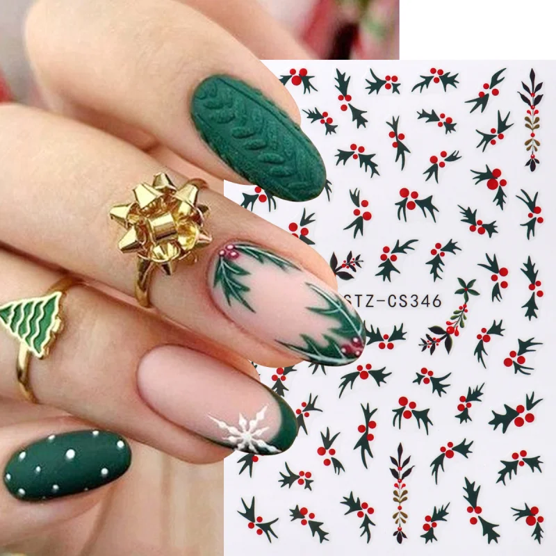 2pcs Christmas Holly Nail Art Stickers Xmas Flower Leaf Designs Jolly New Year Winter Adhesive Decals Sliders Decoration