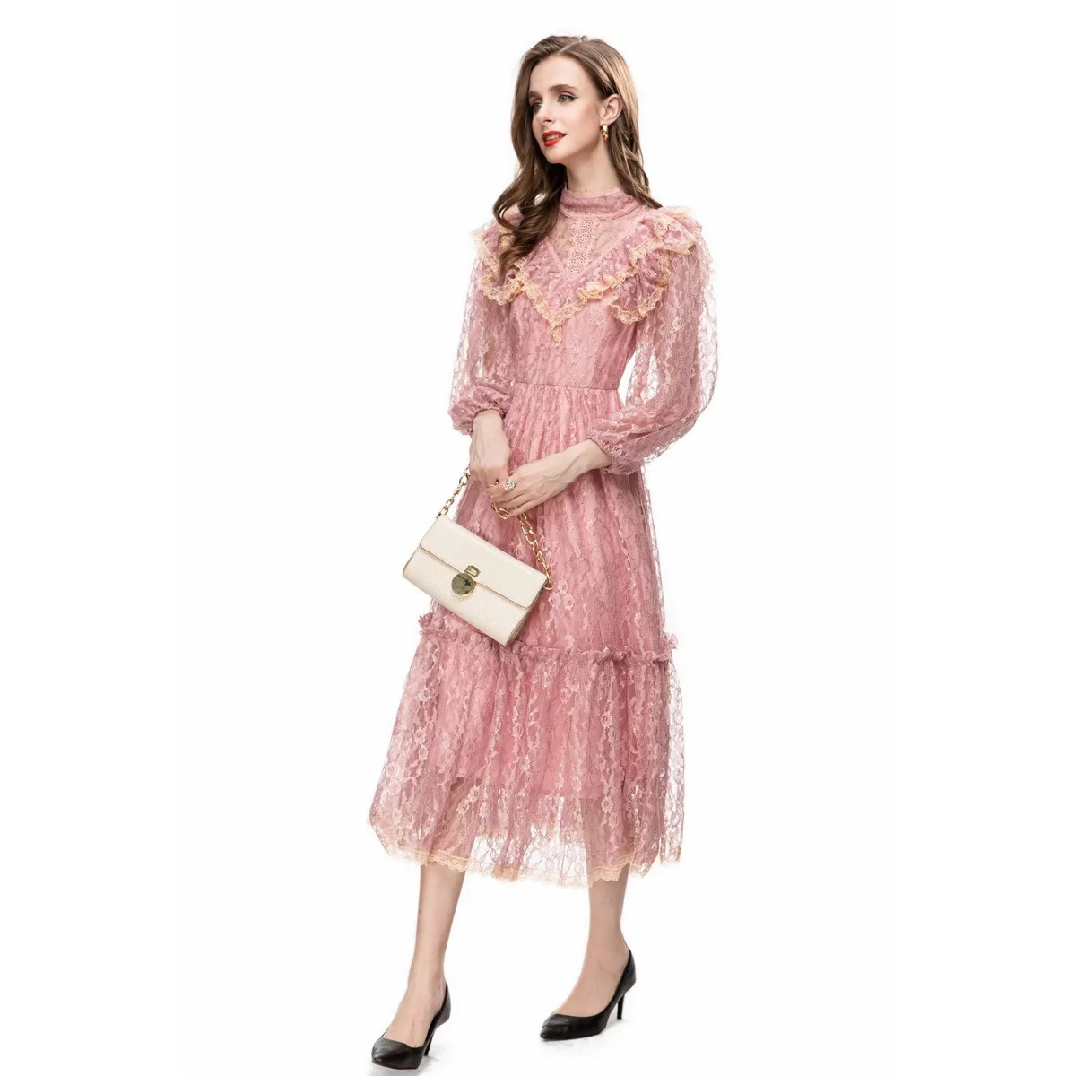 Spring Fashion Runway Pink Vintage Lace Dress Women Stand Collar Lantern Long Sleeve Ruffles High Waist Slim Long Dress