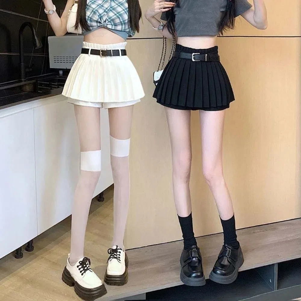 

Fashion Y2K A-Line Mini Skirts Preppy Style Sweet Pleated Skirt With Belt Ruffled High Waist Skirts with Safty Pants Girl