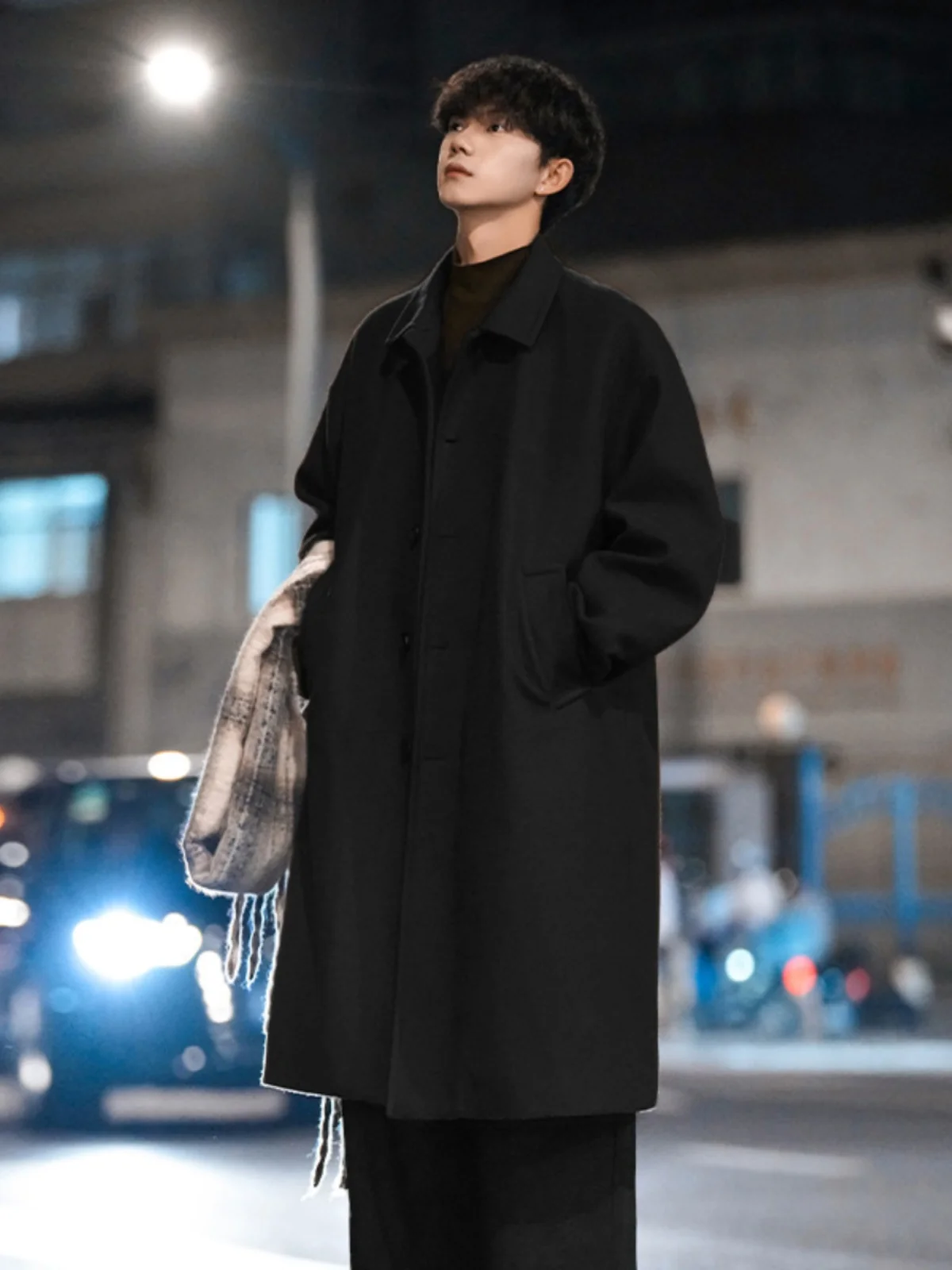 Black Woolen Men's Coat Autumn Winter Thickened Medium Length Korean Style Windbreaker College Style Flannel Jacket Coat