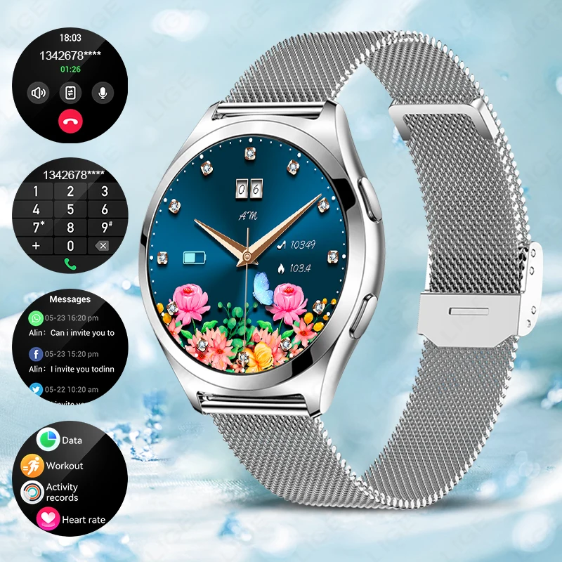 

LIGE Роскошные женские умные часы Водонепроницаемые Bluetooth-вызовы Женский браслет GPS Спортивный трекер Монитор здоровья Женские умные часы Подарок