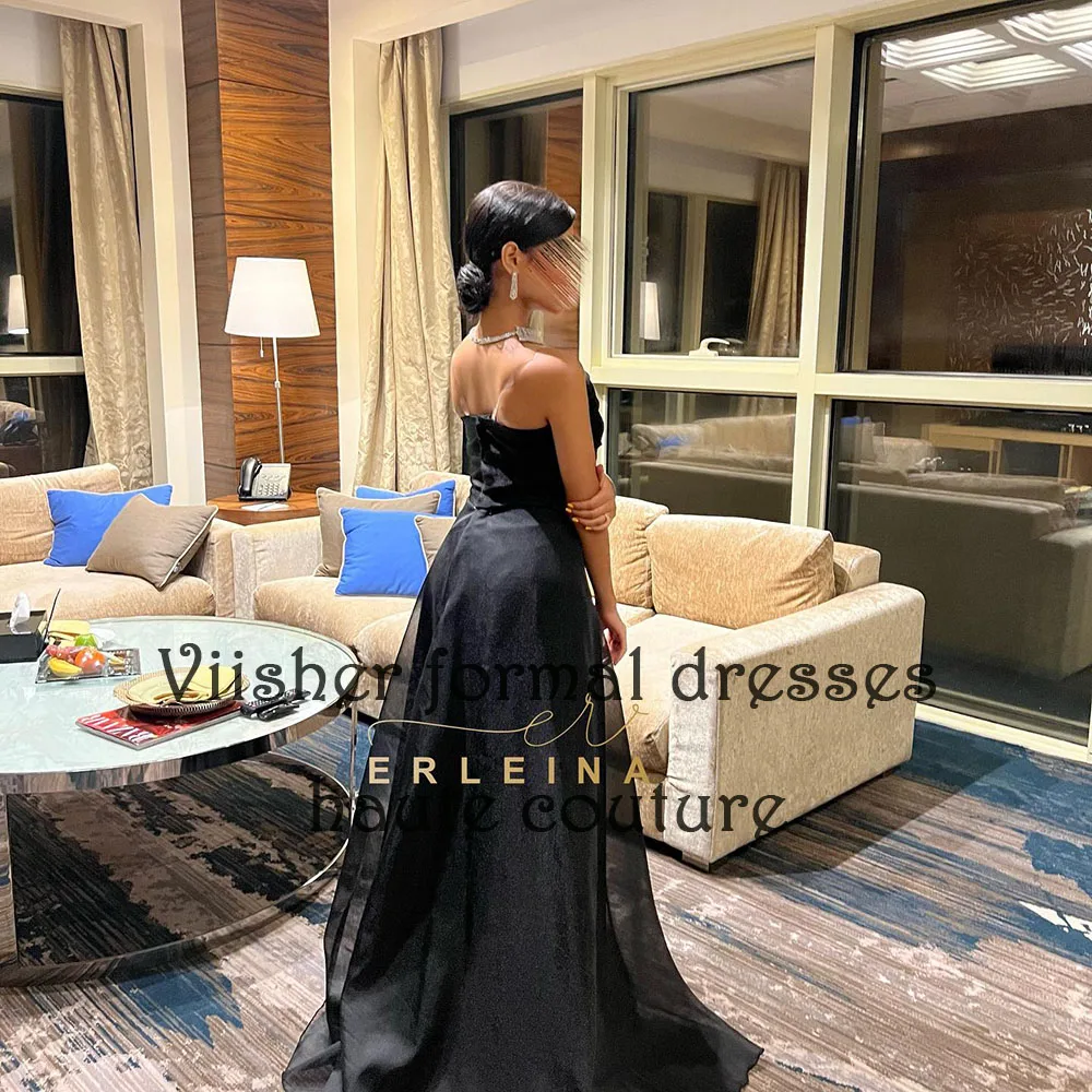 Zwarte Organza Avondjurken Voor Vrouwen A Lijn Strapless Arabische Dubai Prom Party Jurk Spaghetti Bandjes Formele Jurken Rugloos