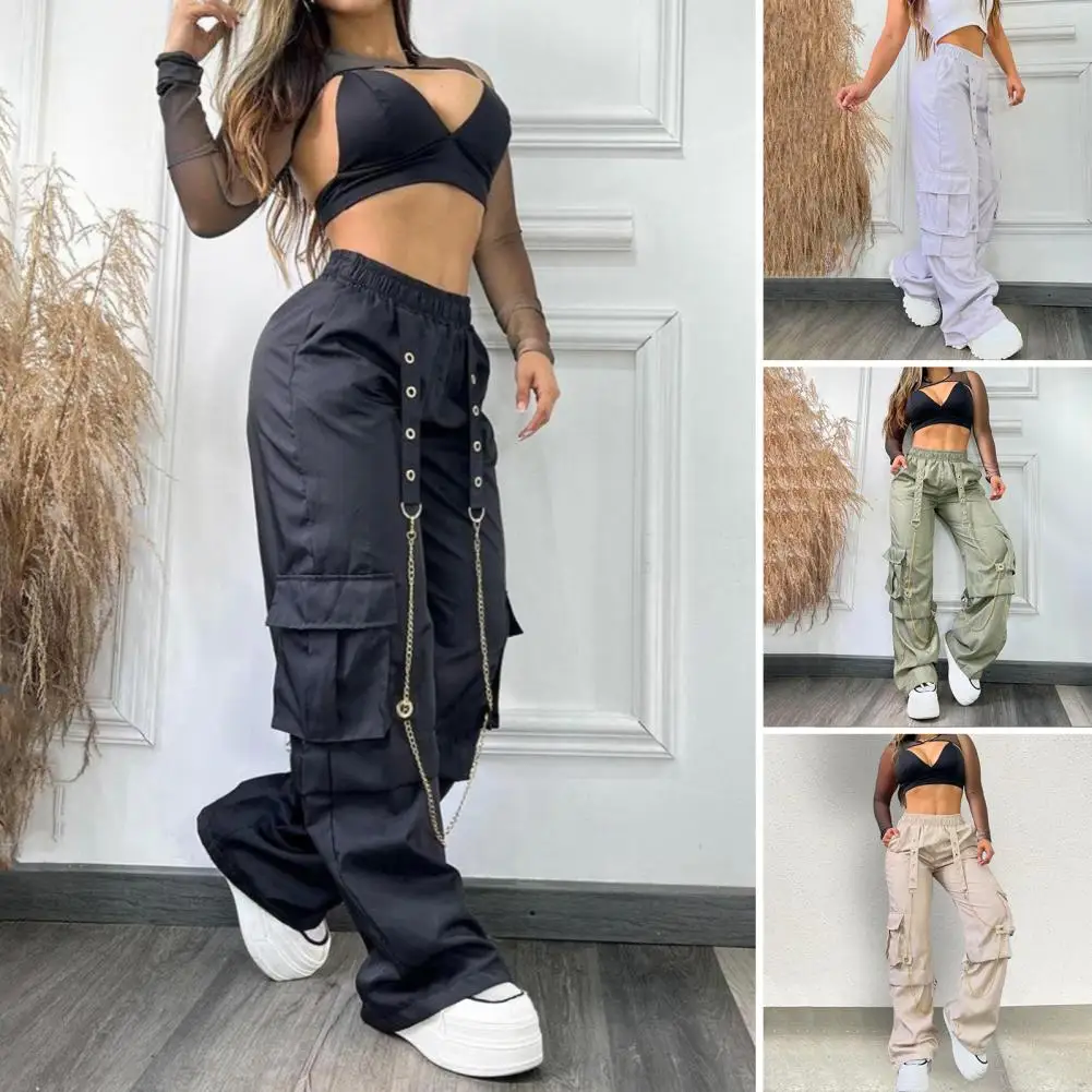 

1Pc Soft Women Cargo Pants High Waist Design Baggy Pants Stylish Multi Pockets Women's Cargo Pants with Chain Straps for Ladies