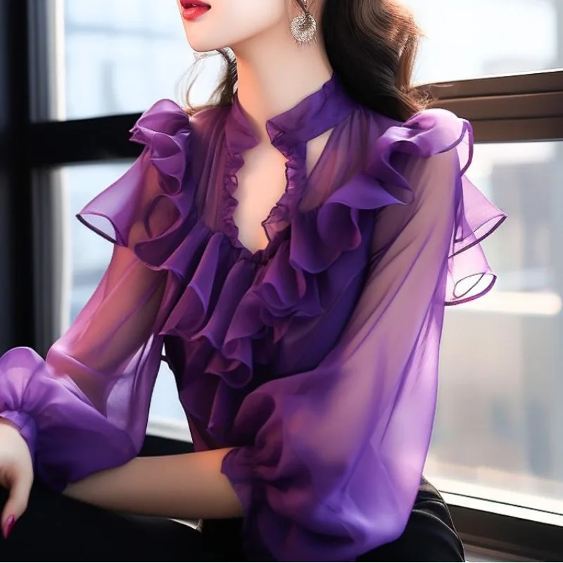 2024 Spring Summer New Solid Color Chiffon Fashion Flattering Blouses Spliced Ruffles V-neck Sheer Long Sleeve Women\'s Shirts