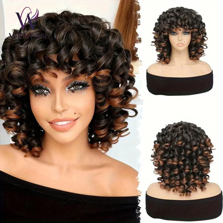 12inch Brown Curl Wig with Bangs Heat Resistant Synthetic Fiber Natural Looking Suitable for Daily Wear