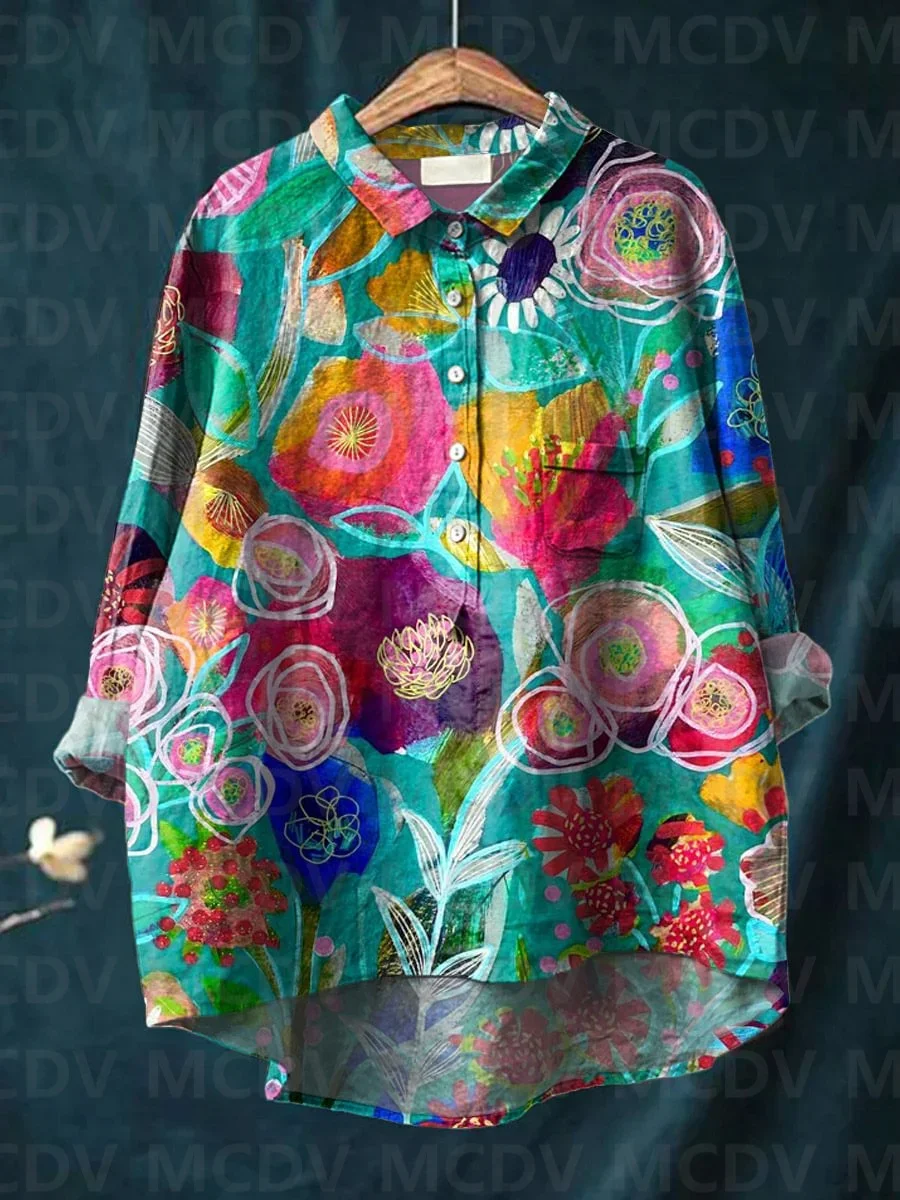 Vintage Lovely Floral Art Print Casual And Linen Shirt