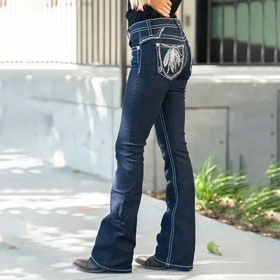 

Four Seasons Women's Vintage Dark Blue Skinny Jeans Flare Pants New Casual Trendy Daily Slim Embroideried Denim Trousers Female