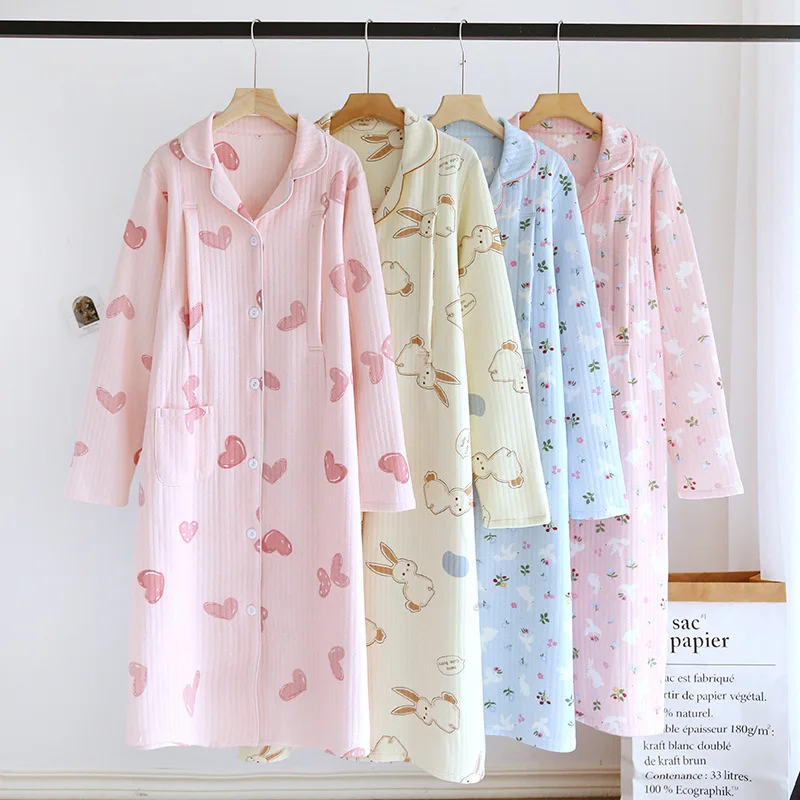 Air Cotton Lapel Cardigan Nursing Nightdress Maternity Loose Soft Home Pajamas Long Sleeve Print Simple Women Sleepwear Autumn