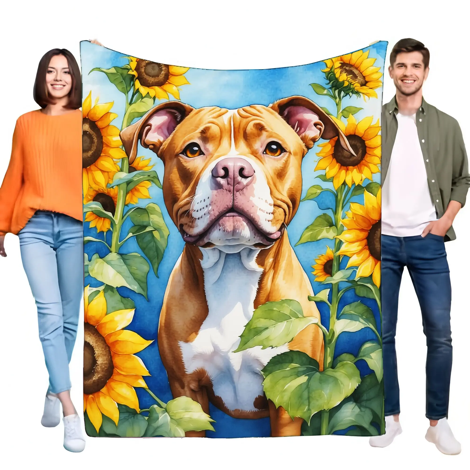 Manta vibrante de Pit Bull Terrier con girasoles sobre fondo azul brillante, diseño artístico acogedor para decoración del hogar, perfecto f