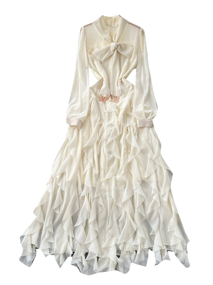 플리츠 허리와 매듭 디자인으로 슬림하고 가을에 입기 좋은 여성용 드레스