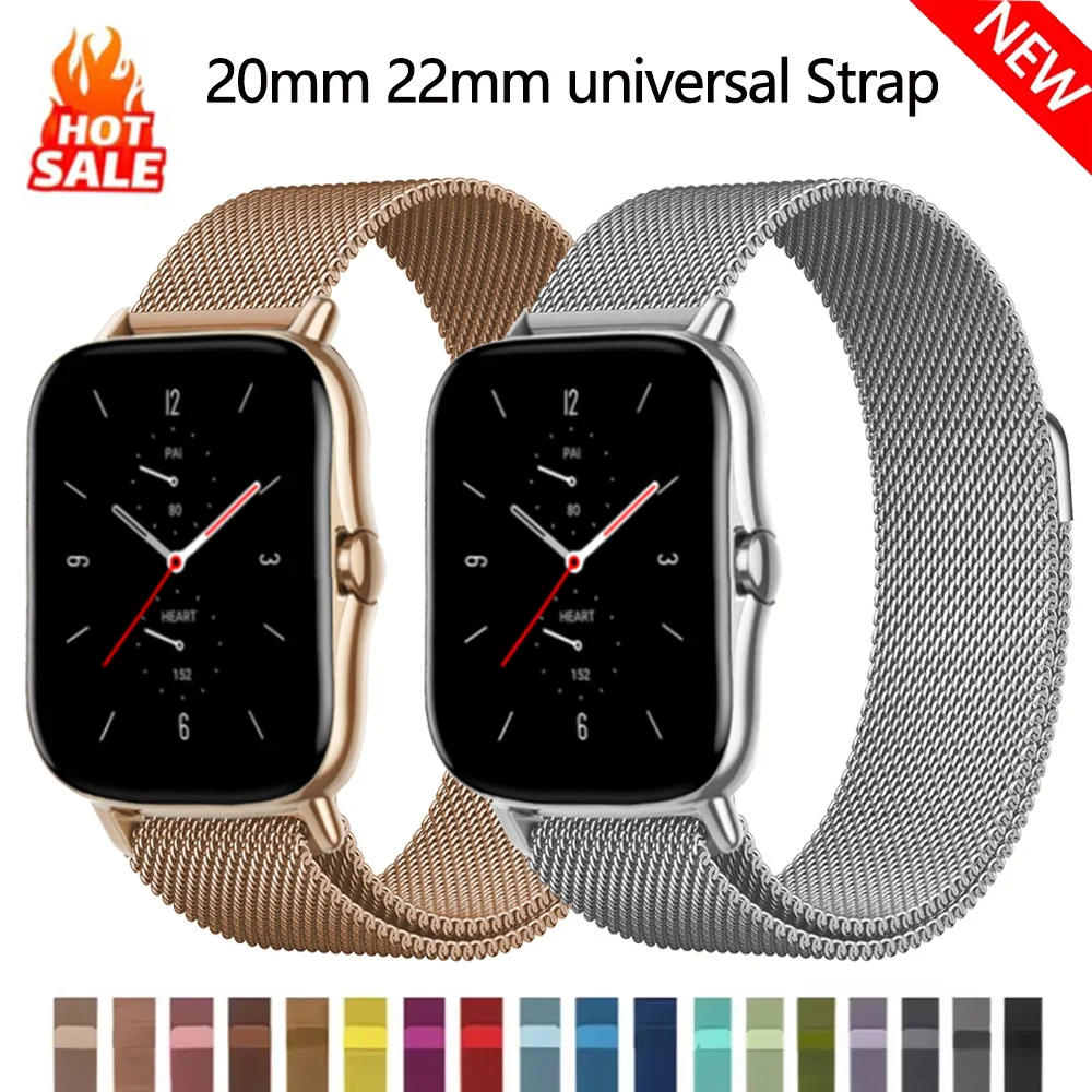 Bracelets de montre 20/22mm pour amazfit bip 6 5 3/gtr 3/4/2 42mm/stratos/GTS 4/2/3, Bracelet milanais en métal pour Amazfit active 2