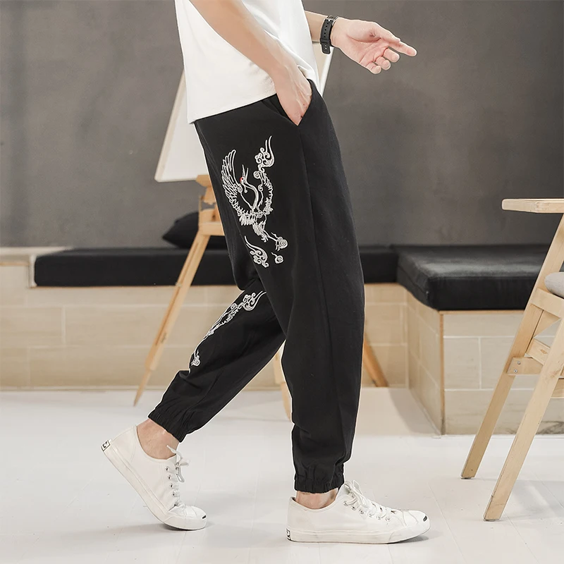 Chinese Style Summer Pants for Men 2023 Cotton Linen Trousers Men Fashion Embroidery Harem Pants Cotton Breathable Casual Pants