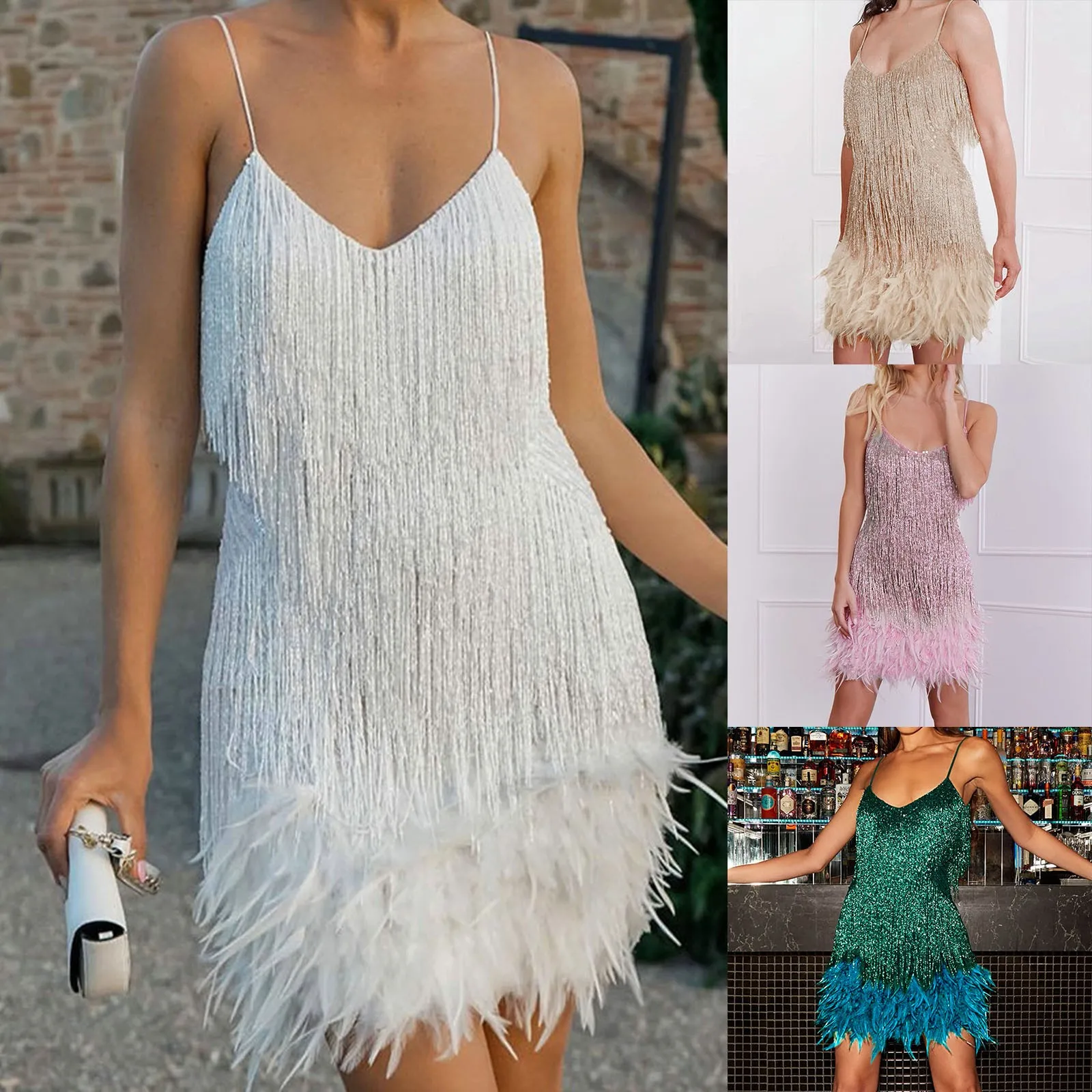 

2024 New Sexy Tassel Sequins Feather Mini Dress Women Spaghetti Strap Stitching Dresses Female Elegant Evening Party Club Dress