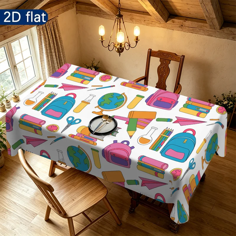 School Supply Tablecloth Cute Cartoon Backpack Globe Stationery Print Rectangular Table Cover Kitchen Dining Decor Party Daily
