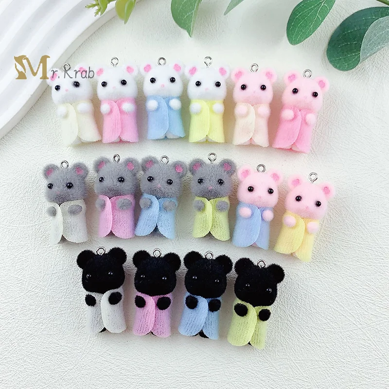 3d Cute Flocked Resin Colorful Mouse Charms Cartoon Animal Resin Earring Keychain Accessories For Diy Crafts Jewelry Make