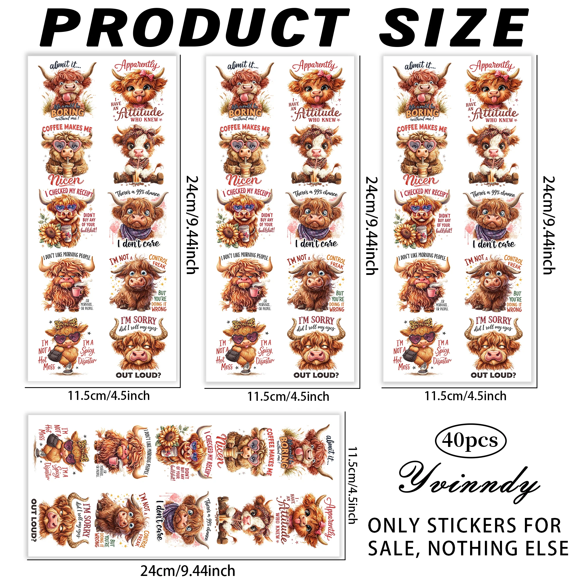 40Pcs/set Funny Highland Cattle English Slogans Iron On Stickers For Cup Vinyl Paper Fun Designs Durable Construction