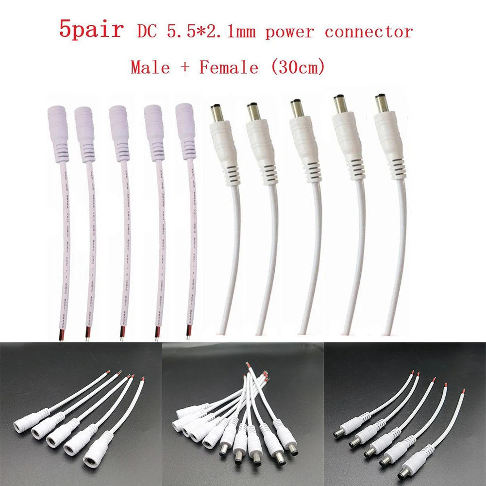 12V DC Power Male Female Connector Cable for CCTV Camera and LED Lighting with 5A Rated Wire and Coaxial Connector