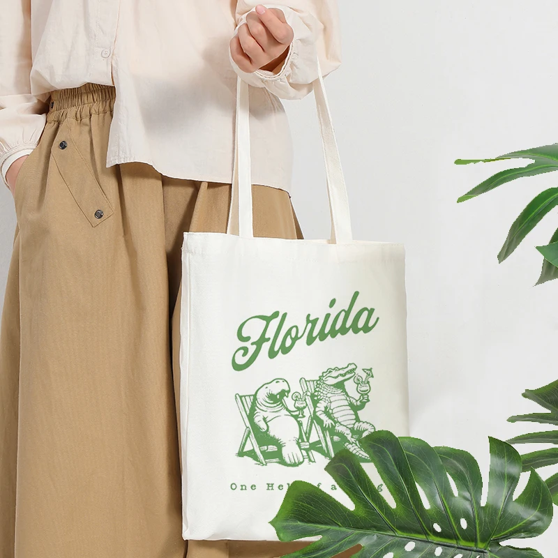 فلوريدا نمط حمل الحقائب قماش حقيبة كتف قابلة للطي للسفر التنقل اليومي المرأة قابلة لإعادة الاستخدام حقيبة تسوق كبيرة للشاطئ
