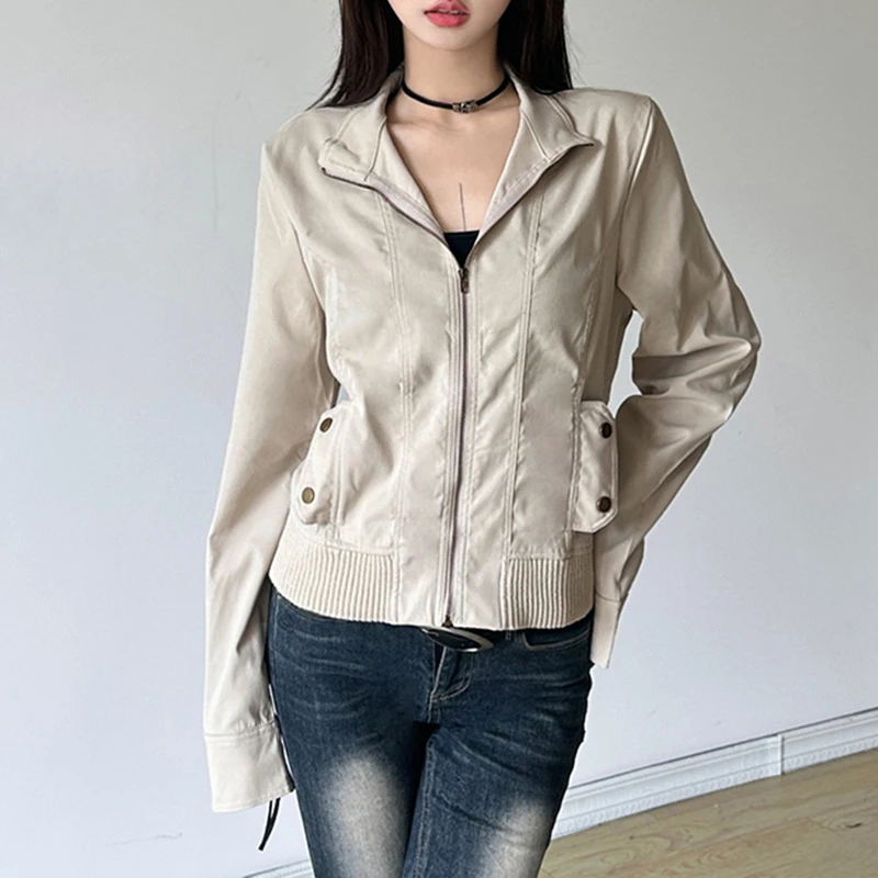 

Винтажные однотонные потертые куртки в стиле Харадзюку, женские тонкие женские пальто Y2K с длинными рукавами и лацканами на молнии, весенне-осенняя повседневная верхняя одежда, топы