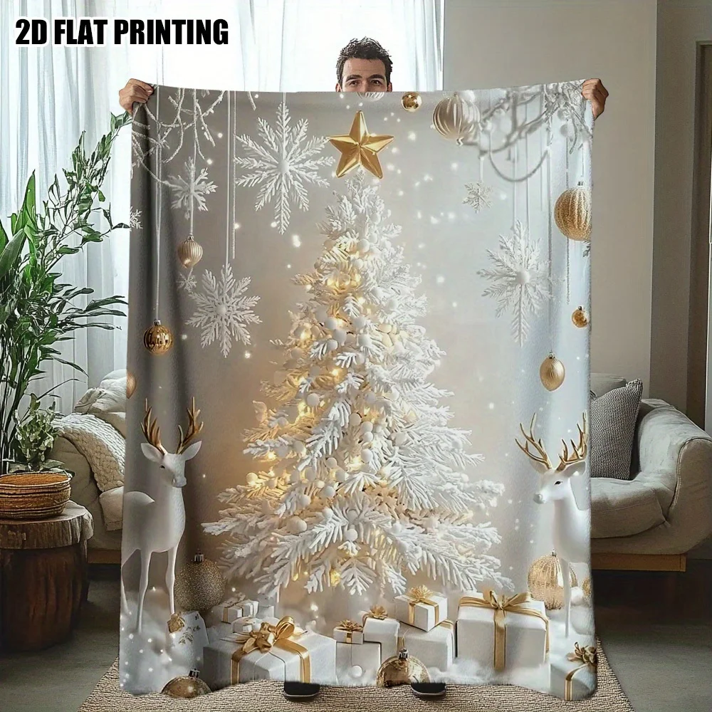 Christmas Deer Flannel Throw Blanket, Winter Wonderland Design in White Gold, Plush All Season for Sofa Bed, Festive Decor Gift