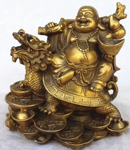 

Chinese Copper Wealth Money Happy Laugh Maitreya Buddha On Dragon Turtle Statue