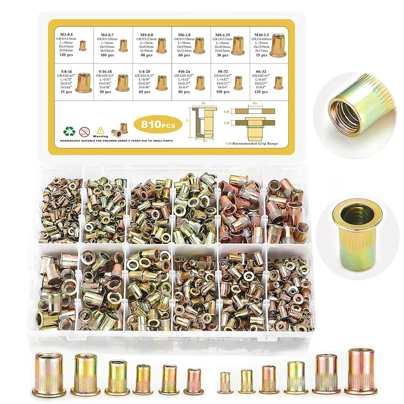 810Pcs Color Zinc Plated Flat Head Vertical Knurl Rivet Nut Assortment Kit Blind Rivnuts with Storage Box