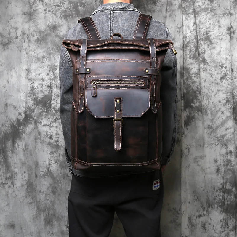 NZPJ Vintage-Rucksack aus echtem Leder für Herren, Crazy Horse-Leder, Computertasche, natürliche Oberschicht aus Rindsleder, Rucksack, Reisetasche – Detail 4