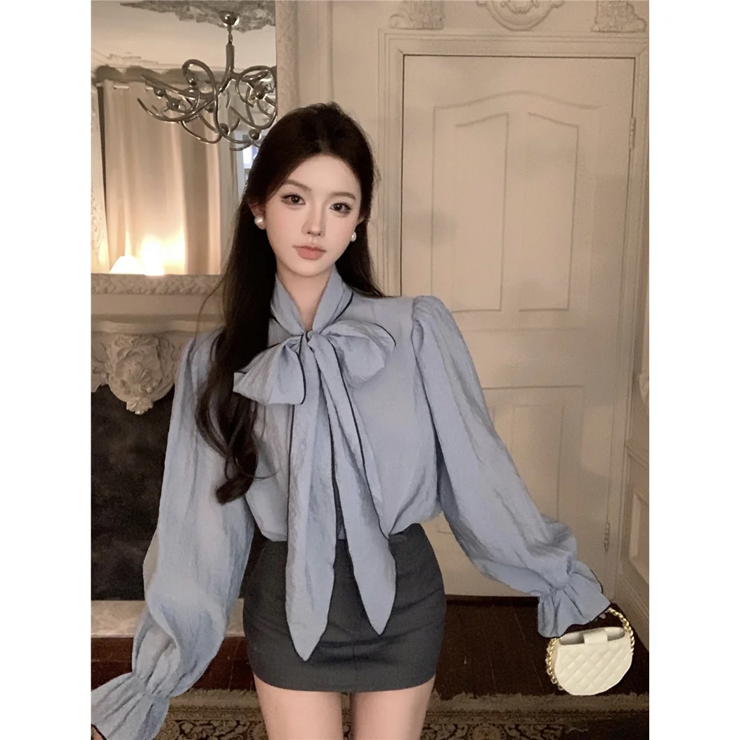 Blue Bow Tie Tied Trumpet Sleeve Shirt for Women in Spring and Autumn New Loose Korean Style Shirt Niche Design Sense Top