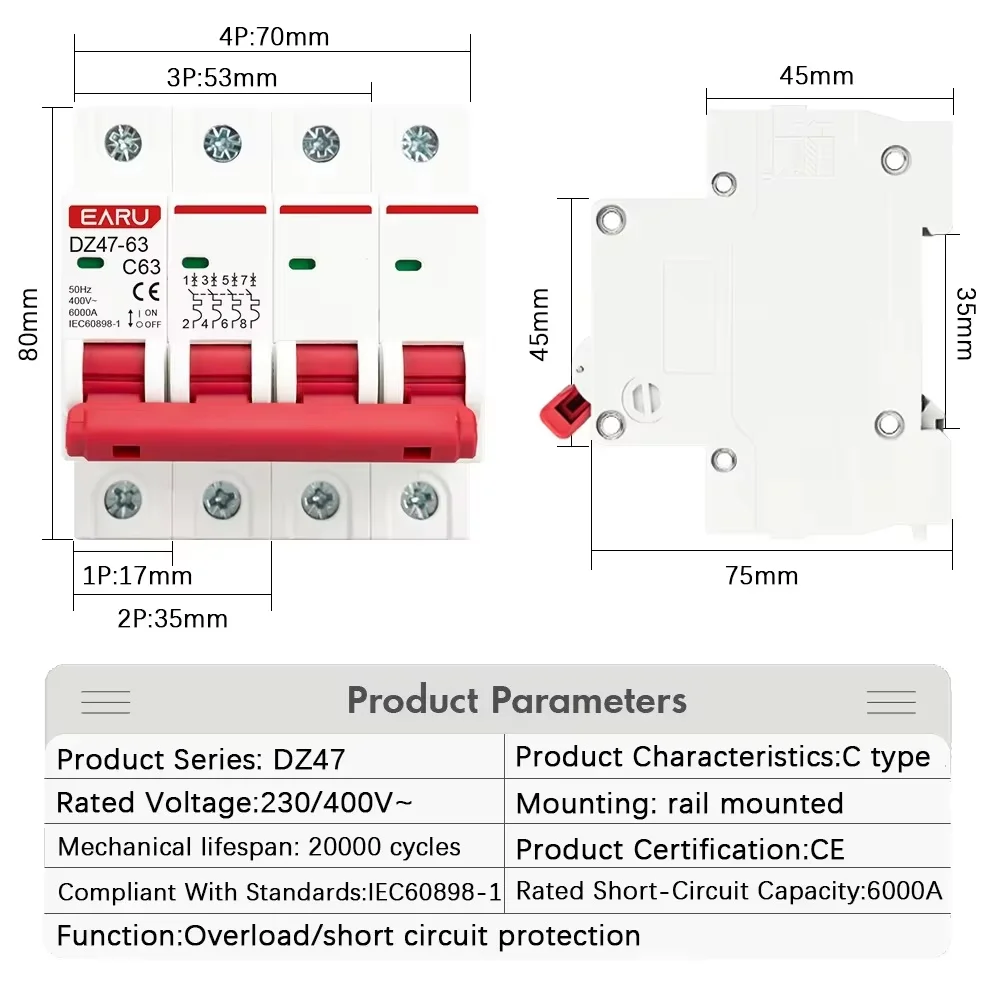 DZ47 1-4 Pole 3A/6A/10A/16A/20A/32A/40A/50A/63A 400V C Type Mini Circuit Breaker MCB 35mm Din Rail Mount Breaking Capacity 6KA