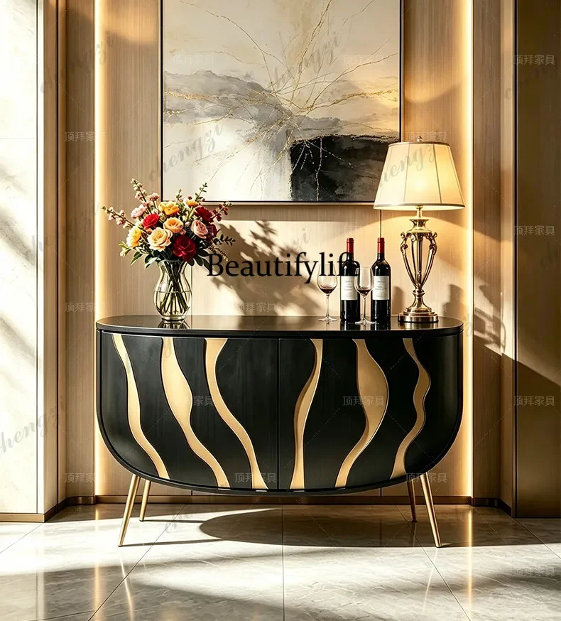 A55 Italian light luxury solid wood porch cabinet, living room oval decorative locker, artistic sense, high-end foyer locker