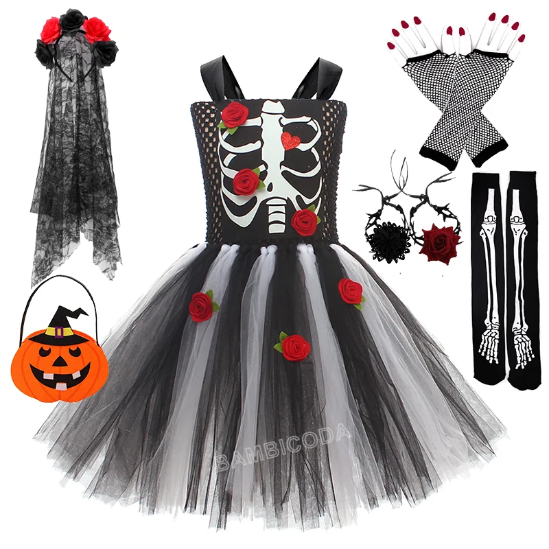أزياء تنكرية لفتاة الورد على شكل هيكل عظمي للهالوين لعام 2025 ، أزياء تنكرية للأطفال الصغار غير تقليدية على شكل عظمة Punky ، دعائم أداء شبح لمرحلة الحفلات #1