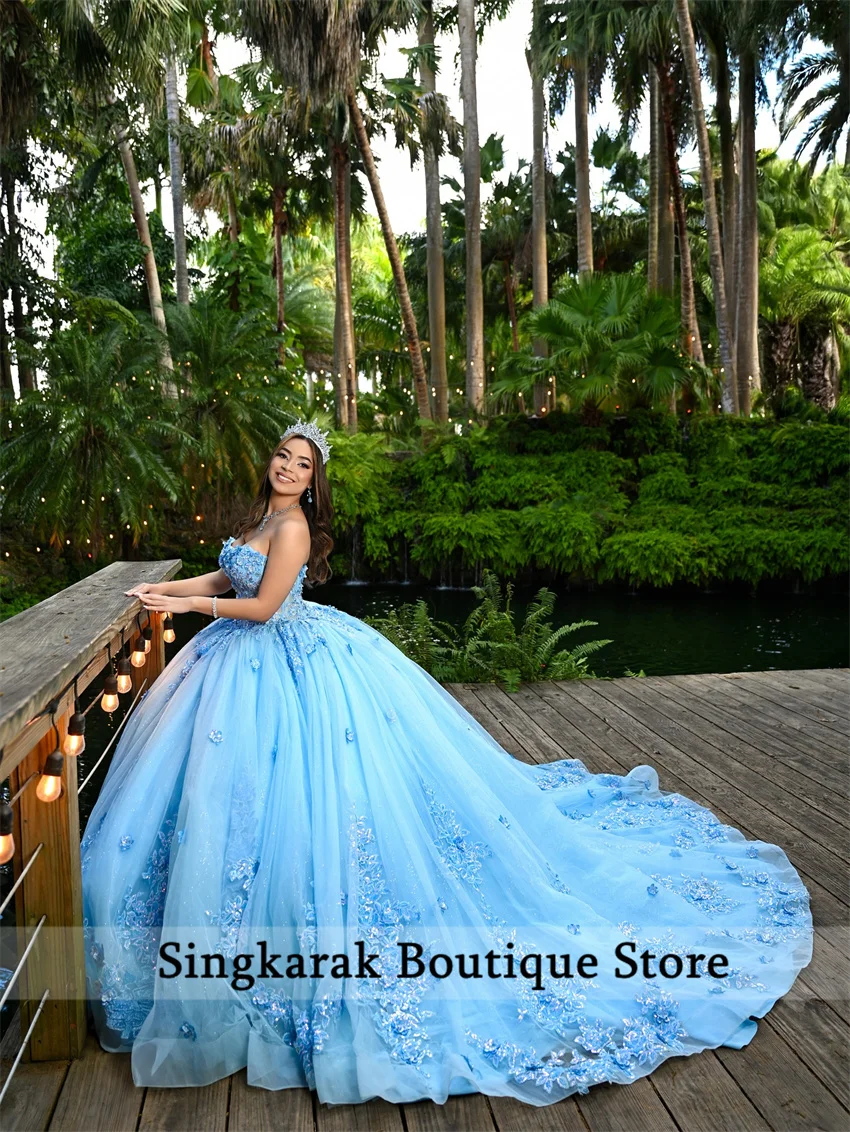 

Blue Flowers Princess Quinceanera Dress Beads Crystals Appliques Ball Gown Birthday Party Gown 16th Birthday Customized