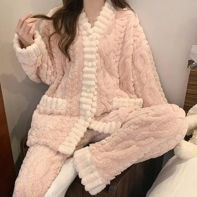 

Women's Pajamas Sleepcoat Homeclothes Sleepwear Loungewear Spring Autumn Winter Girl's New Thicken Fleece-Lined Keep Warm Suit