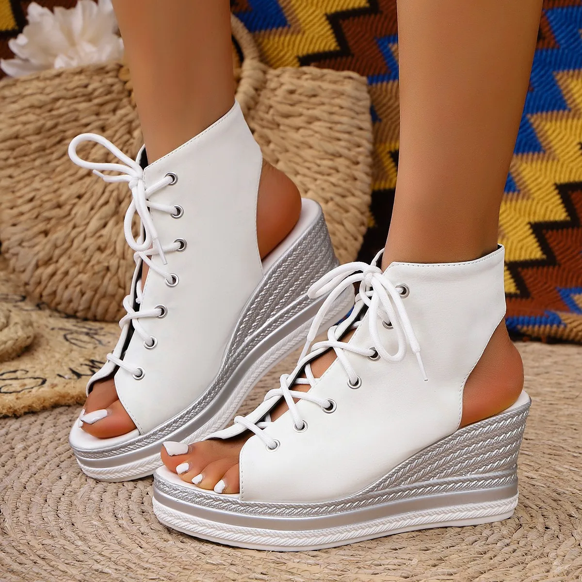 HKDQ Women's Wedge Sandals Open Toe High Heel Woven-Look Wedge Lace Up Casual Fashion Summer Footwear
