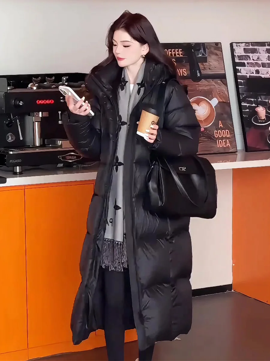 

Черное длинное пуховое пальто с капюшоном для женщин, теплое зимнее пальто в корейском стиле, новая модная коллекция 2025, повседневное, однотонное