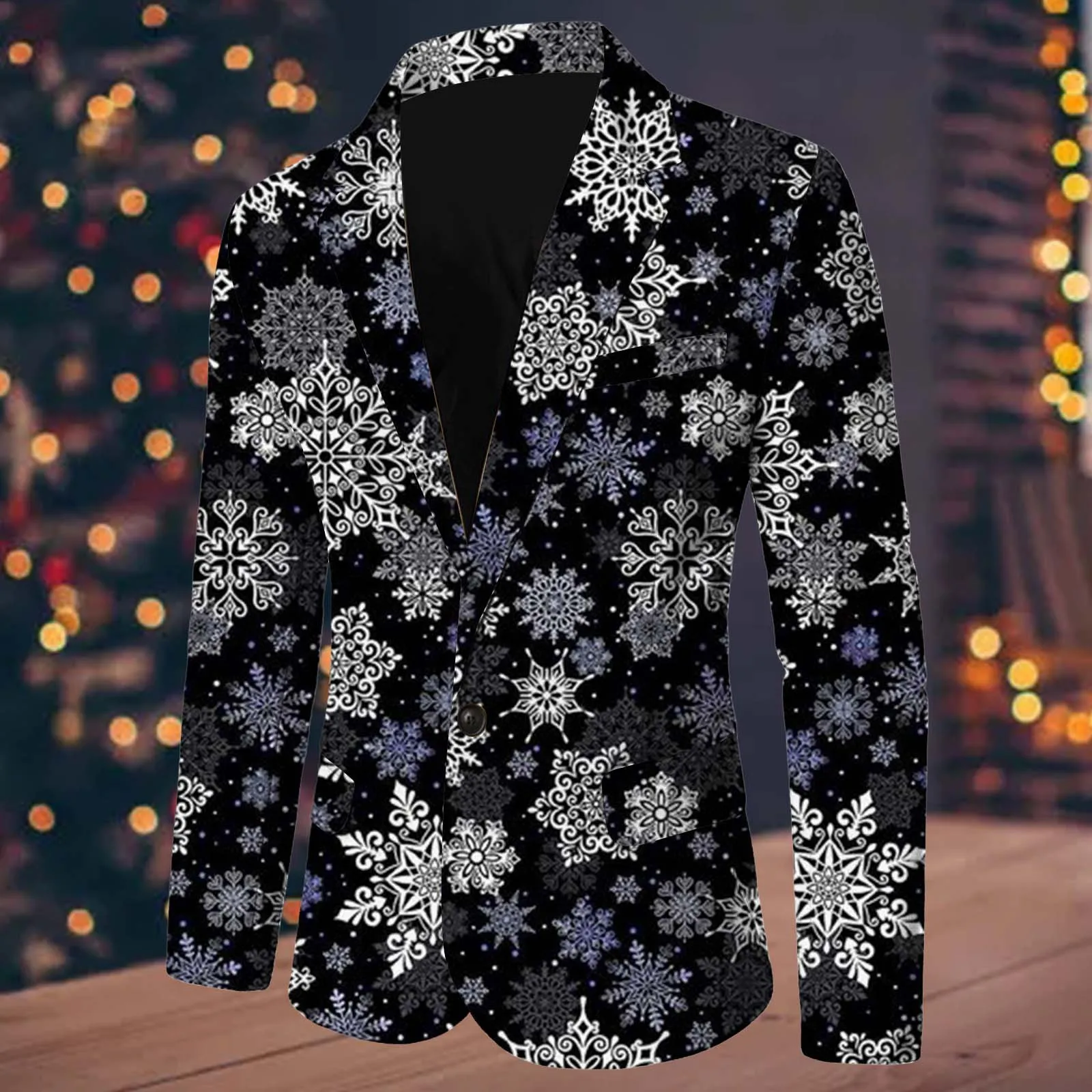 Christmas Snowflake Santa Printed Blazers Men\'s Coats With Pocket Lapel One Button Loose Casual Fashion Male Suit Jackets