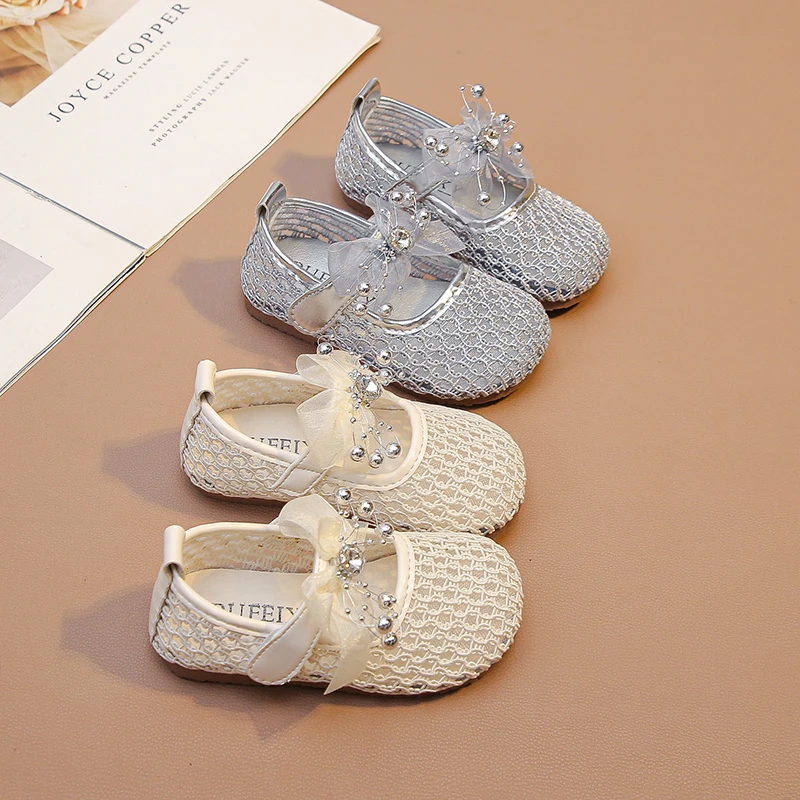 2026 Summer New Girl's Baotou Sandals Sweet Bow Lace Preschool Princess Shoes Mesh Weaving Breathable Fashion Casual Flat Shoes