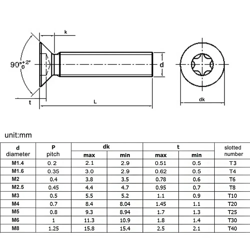 5-50Pcs M1.6 M2 M2.5 M3 M4 M5 M6 M8 CM 304 Stainless Steel Six-Lobe Torx Flat Countersunk Head Screw Bolt GB2673 Length=3-55mm