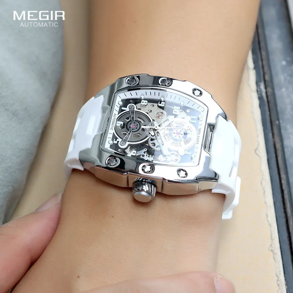 Fashion Megir 8602 Top Brand Sport Automatic Watch Men Waterproof White Silicone Strap Mechanical With Tonneau Hollowed-out Dial