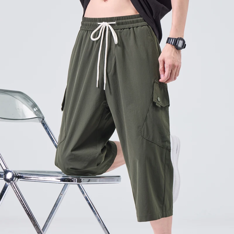 

Summer New Men's Seven Points Cargo Pants Street Y2K Thin Ice Silk Casual All Match Middle Shorts Multi Pocket Tactical Pants