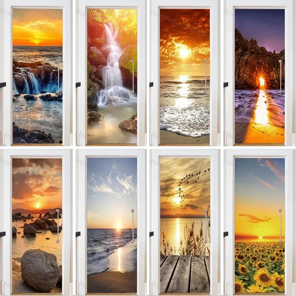 

Dusk Flowing Water Door Sticker 3D Sunflower Beach Natural Scenery Wallpaper Vinyl Waterproof Self-adhesive Decorative Poster