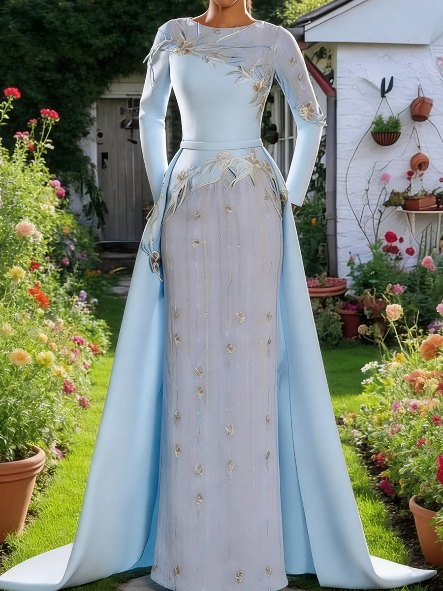 Elegant Satin O-Neck Evening Dress with Appliques