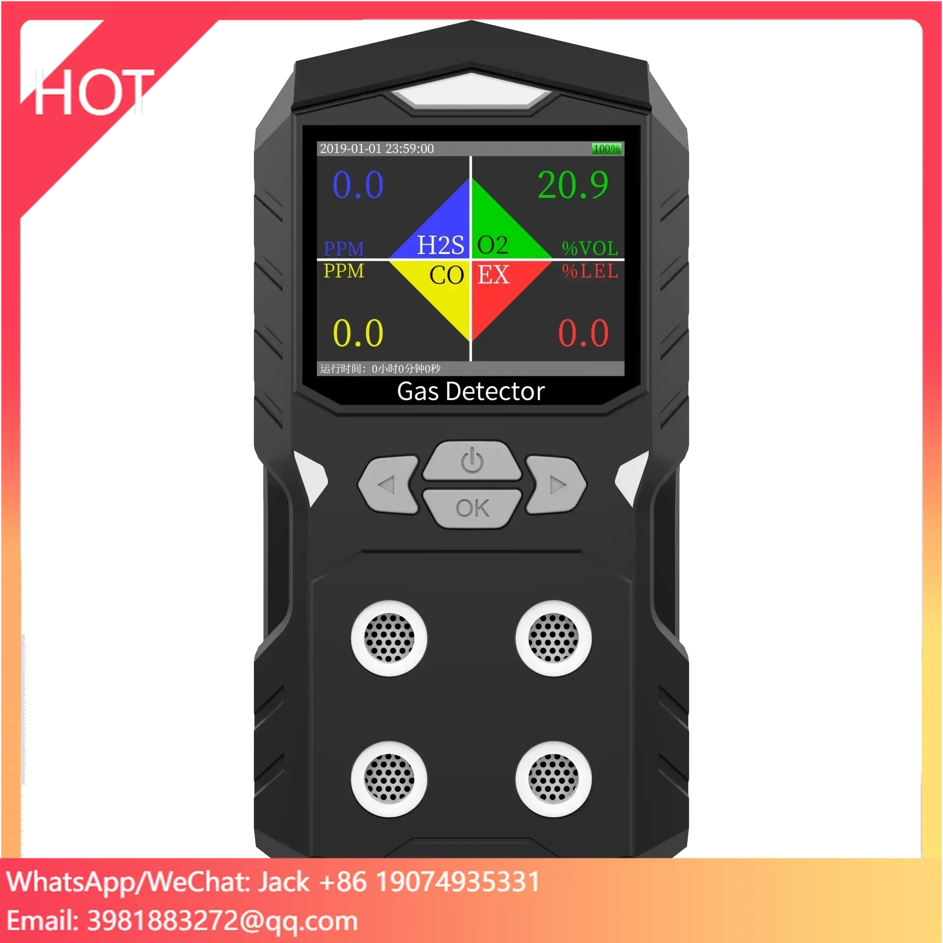 

Portable 4 Gas Detector, H2S,O2,CO and EX Rechargeable LCD Display Gas Sniffer Alarm Gas Clip Sound Light Shock Alarm