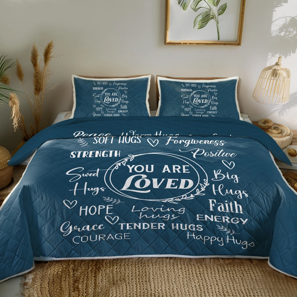 

3PCS Words with Navy Blue Background Design Quilt Set Comforter Set With 2 Pillowcases for Kids and Adults Home Decor