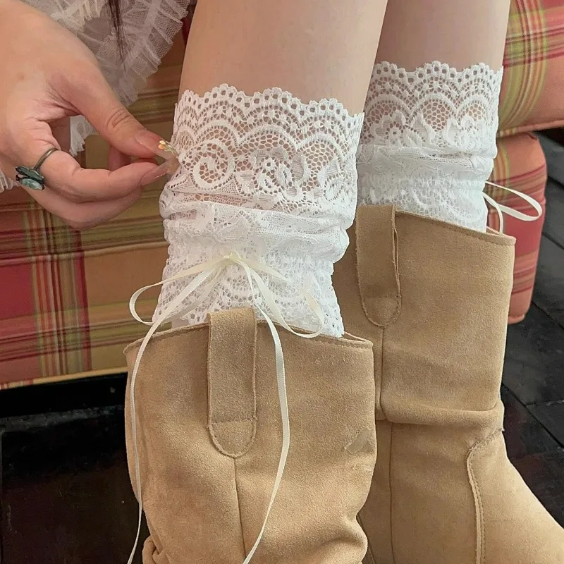 한국 화이트 레이스 트림 양말 달콤한 소녀 패션 귀여운 로리타 Y2K 일본식 양말 단색 중간 길이 리본 보우 여성 양말